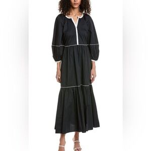 NWT STAUD Demi Dress,  black with white piping cotton maxi dress.size Large